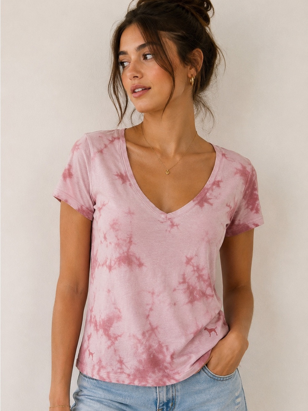 PINK Victoria’s Secret |  100% Cotton Pink Tie Dye V-Neck T-Shirt - size Small